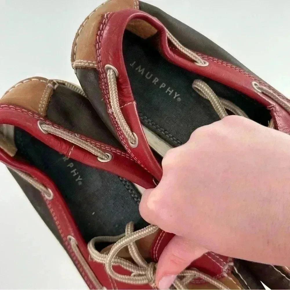 J Murphy mens boat shoes size 10 red brown leather preppy nautical